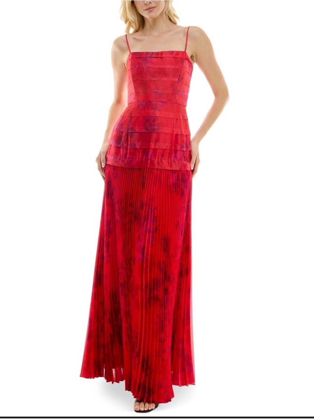 Taylor Spaghetti Strap Tiered Bodice Pleated Dress, Scarlet Orchid, SIZE-12